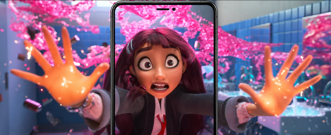 Animated Disney character reaching toward the screen inside a vertical smartphone frame.