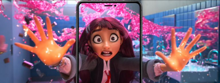 Animated Disney character reaching toward the screen inside a vertical smartphone frame.