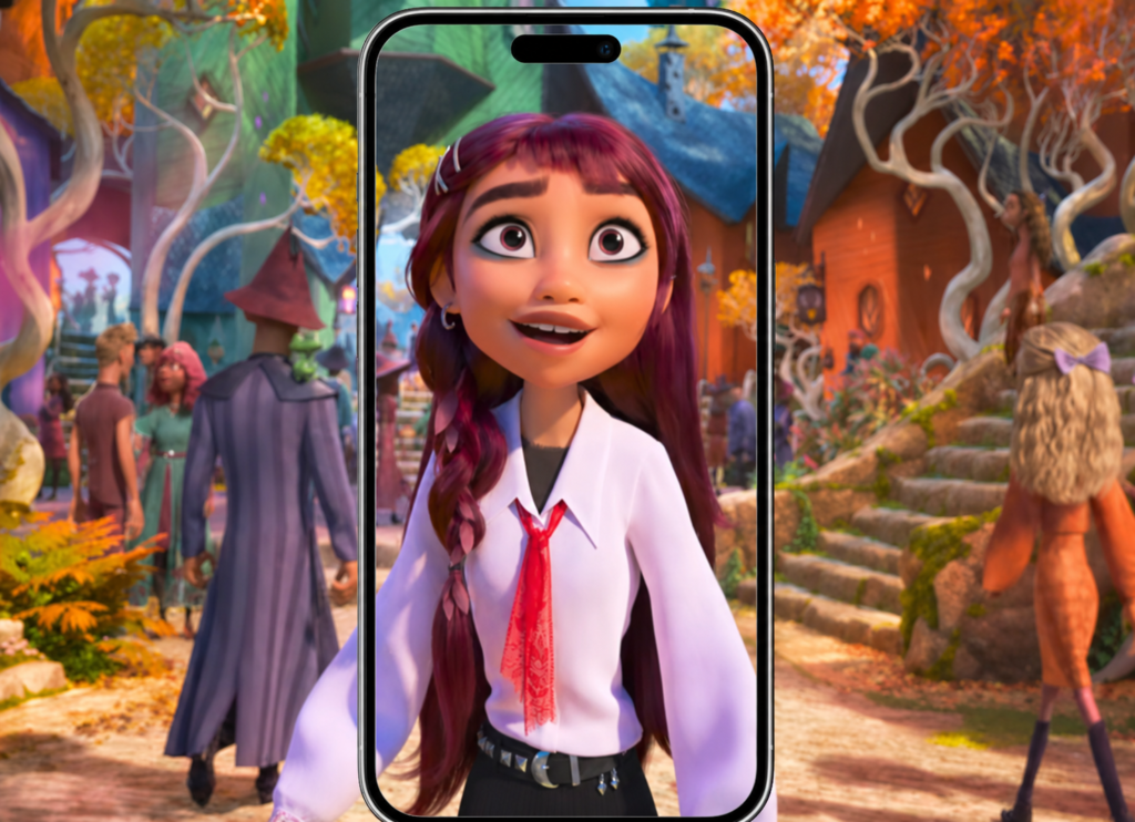 Animated Disney character walking through a colorful village inside a vertical phone frame.