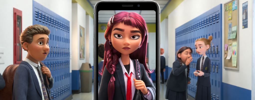 Widescreen animated movie frame being cropped into a vertical TikTok-style video