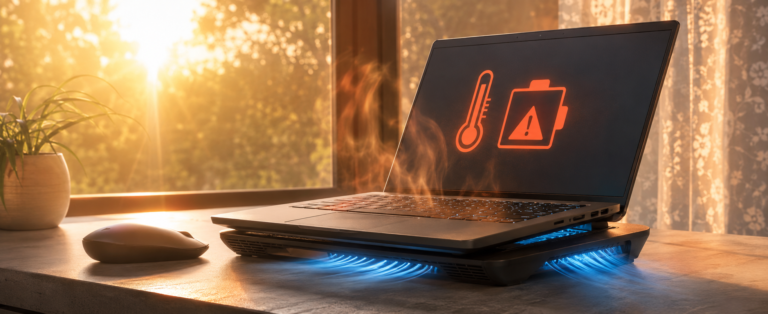 Laptop overheating in summer heat with a battery warning and cooling pad