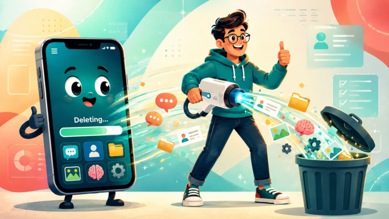 Illustration of a person deleting ChatGPT memory data from a smartphone into a trash bin, with a progress bar showing deleting in progress.