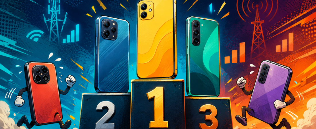 Illustration of five budget smartphones competing on a winners podium, showing the top 5 best phones under $500 for 2026.
