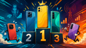 Illustration of five budget smartphones competing on a winners podium, showing the top 5 best phones under $500 for 2026.