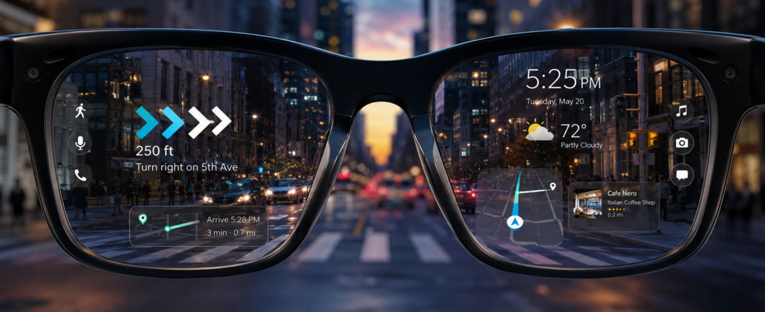AR smart glasses showing navigation, weather, and app overlays on a city street, illustrating the best AR glasses in 2026.