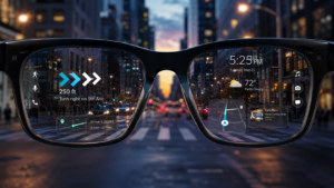 AR smart glasses showing navigation, weather, and app overlays on a city street, illustrating the best AR glasses in 2026.