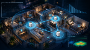 Mesh WiFi system with three connected routers positioned across a modern home floor plan, showing overlapping wireless coverage and signal strength.