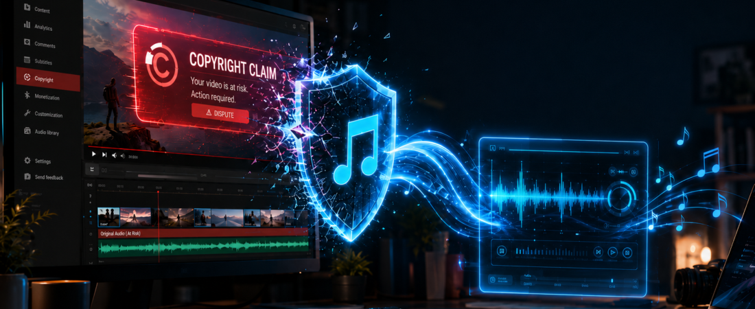 Futuristic video editing workspace showing a YouTube copyright claim on screen, protected by a glowing music-note shield and audio waveform tool.