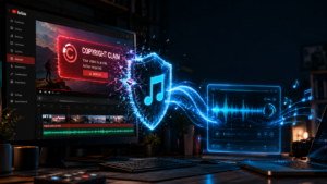 Futuristic video editing workspace showing a YouTube copyright claim on screen, protected by a glowing music-note shield and audio waveform tool.