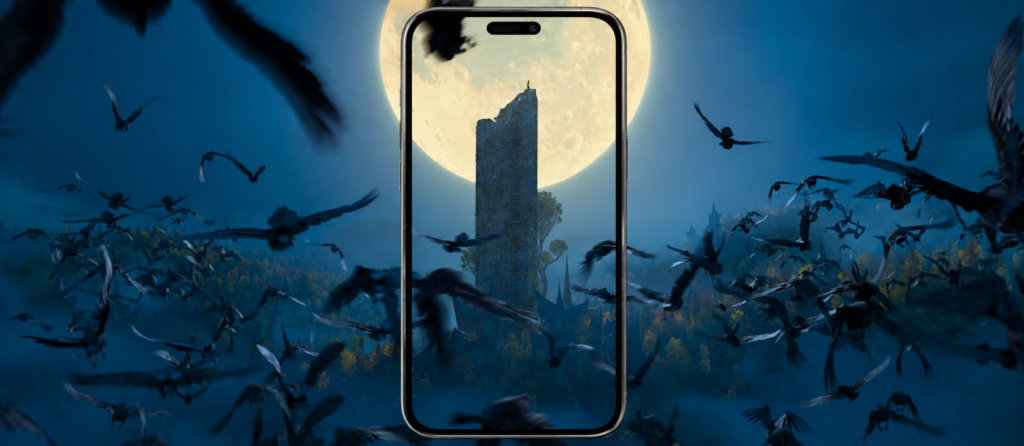Moonlit fantasy tower and flying birds inside a vertical smartphone frame.
