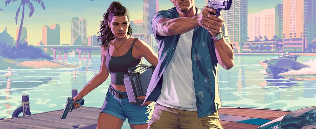 Official GTA 6 artwork showing protagonists Lucia and Jason holding guns on a dock in Vice City, with skyscrapers, a helicopter, and a police boat in the background.