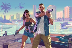 Official GTA 6 artwork showing protagonists Lucia and Jason holding guns on a dock in Vice City, with skyscrapers, a helicopter, and a police boat in the background.