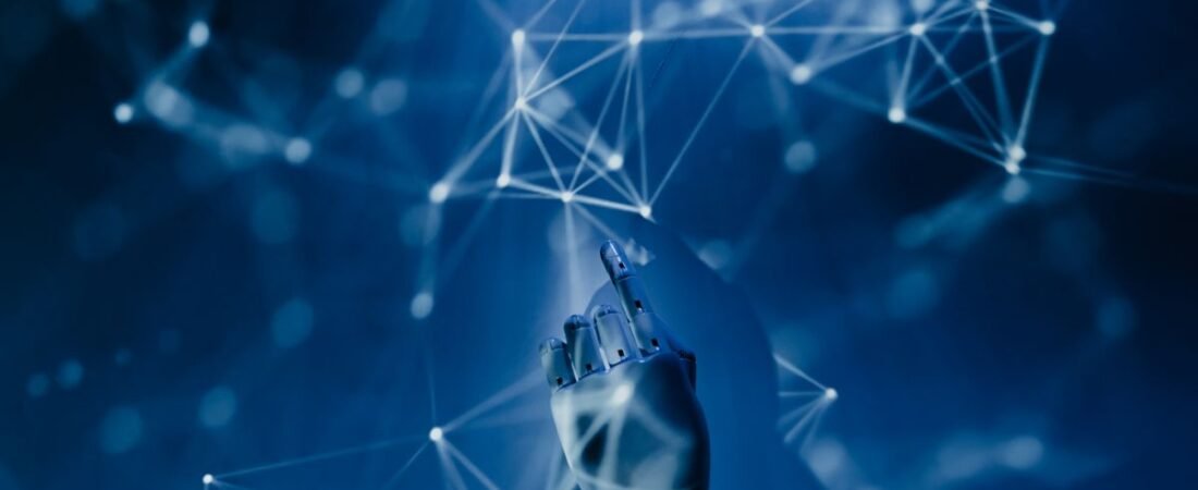 AI browser war 2026 concept: a robotic hand reaching into a glowing digital network