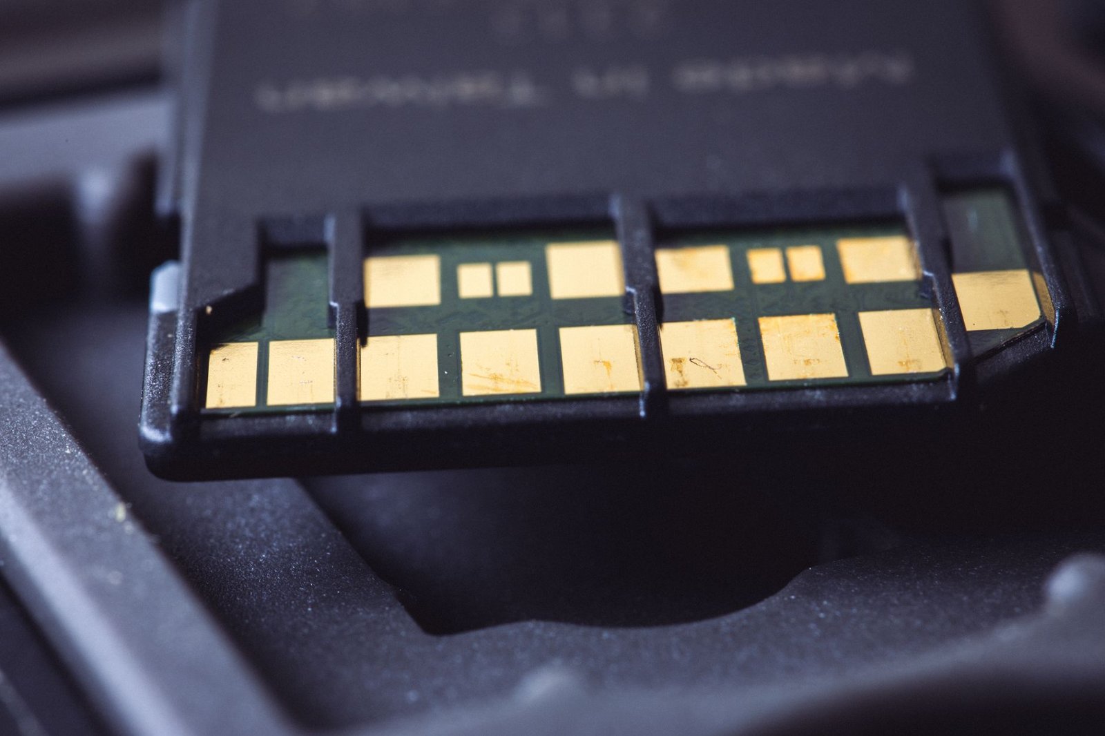 Macro photo of a memory card's gold connector pins