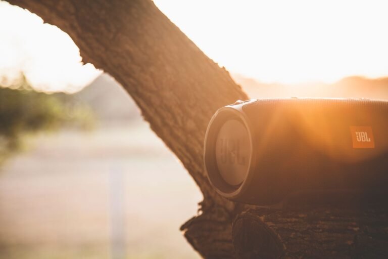 The best portable bluetooth speaker glowing in warm golden sunlight on a summer evening.