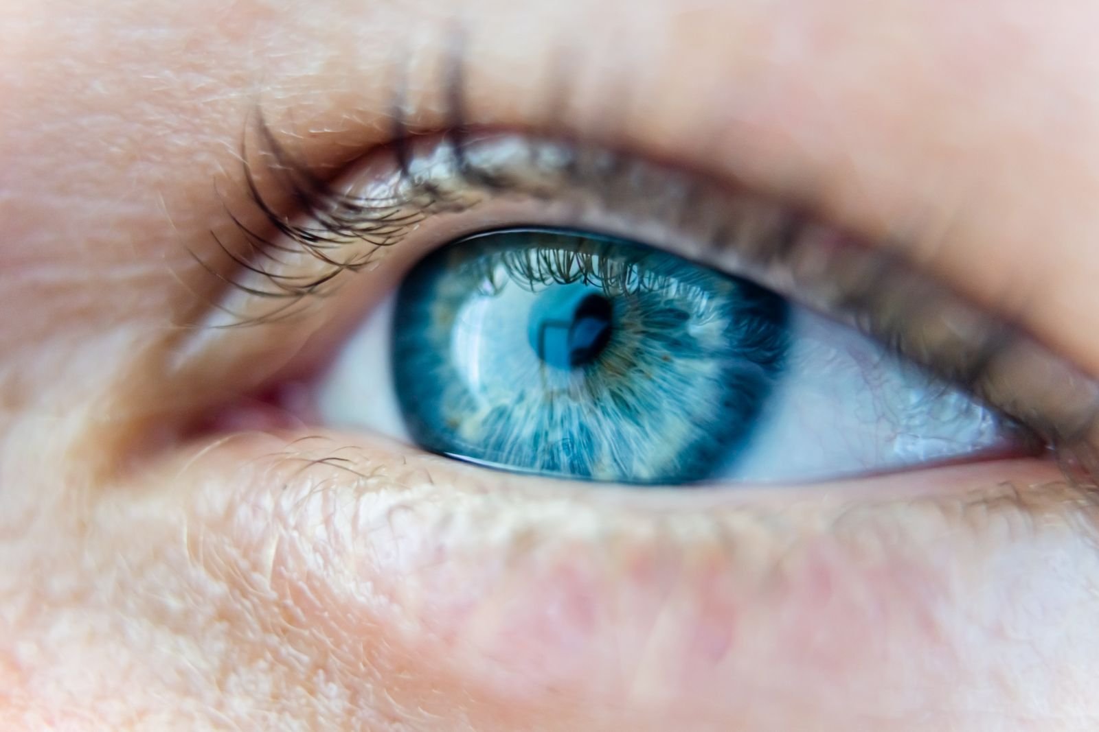 Extreme close-up of a human eye showing catchlights, a tell used to spot AI generated images