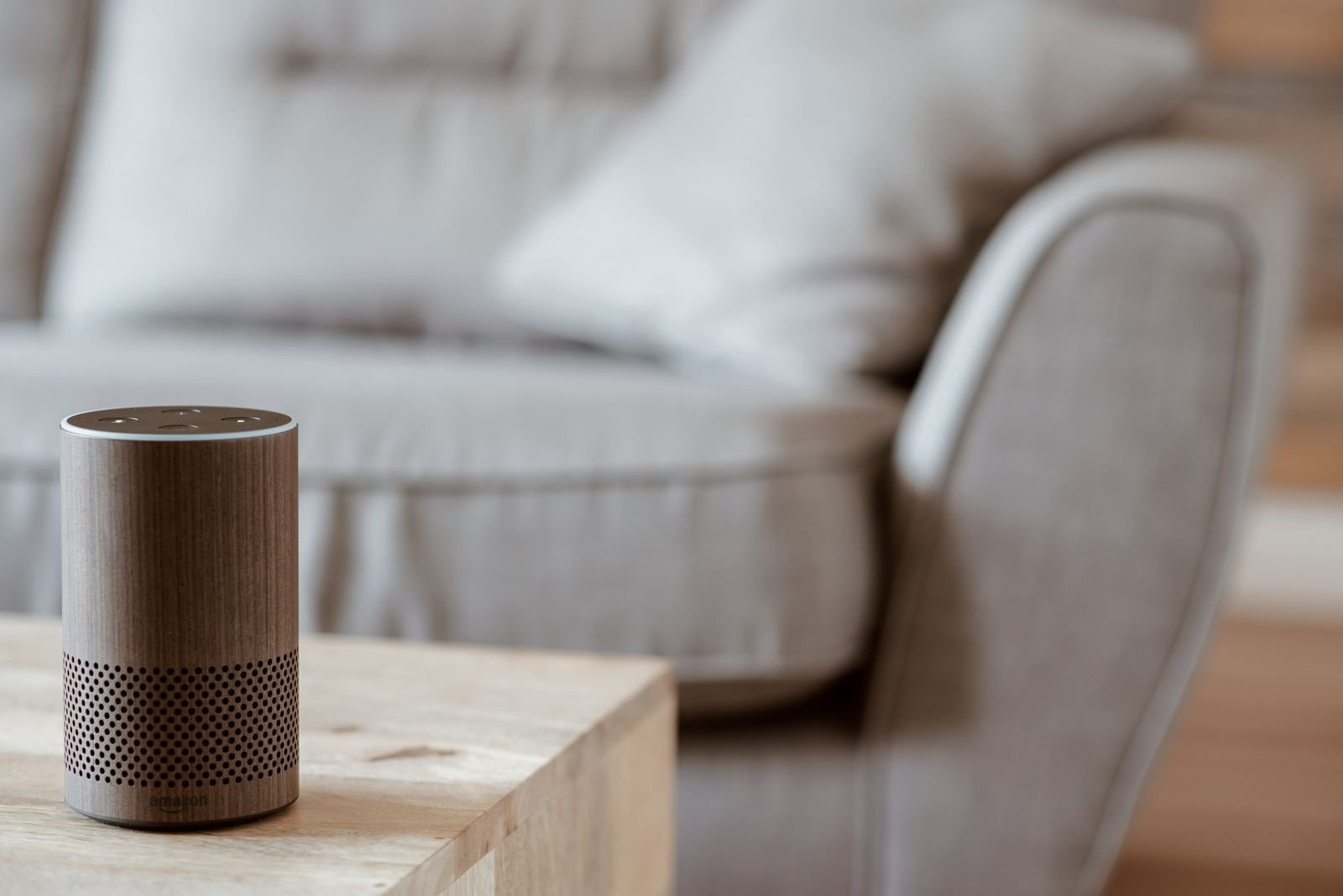 A smart speaker in a living room, part of the smart home setup that controls smart plugs by voice or app.