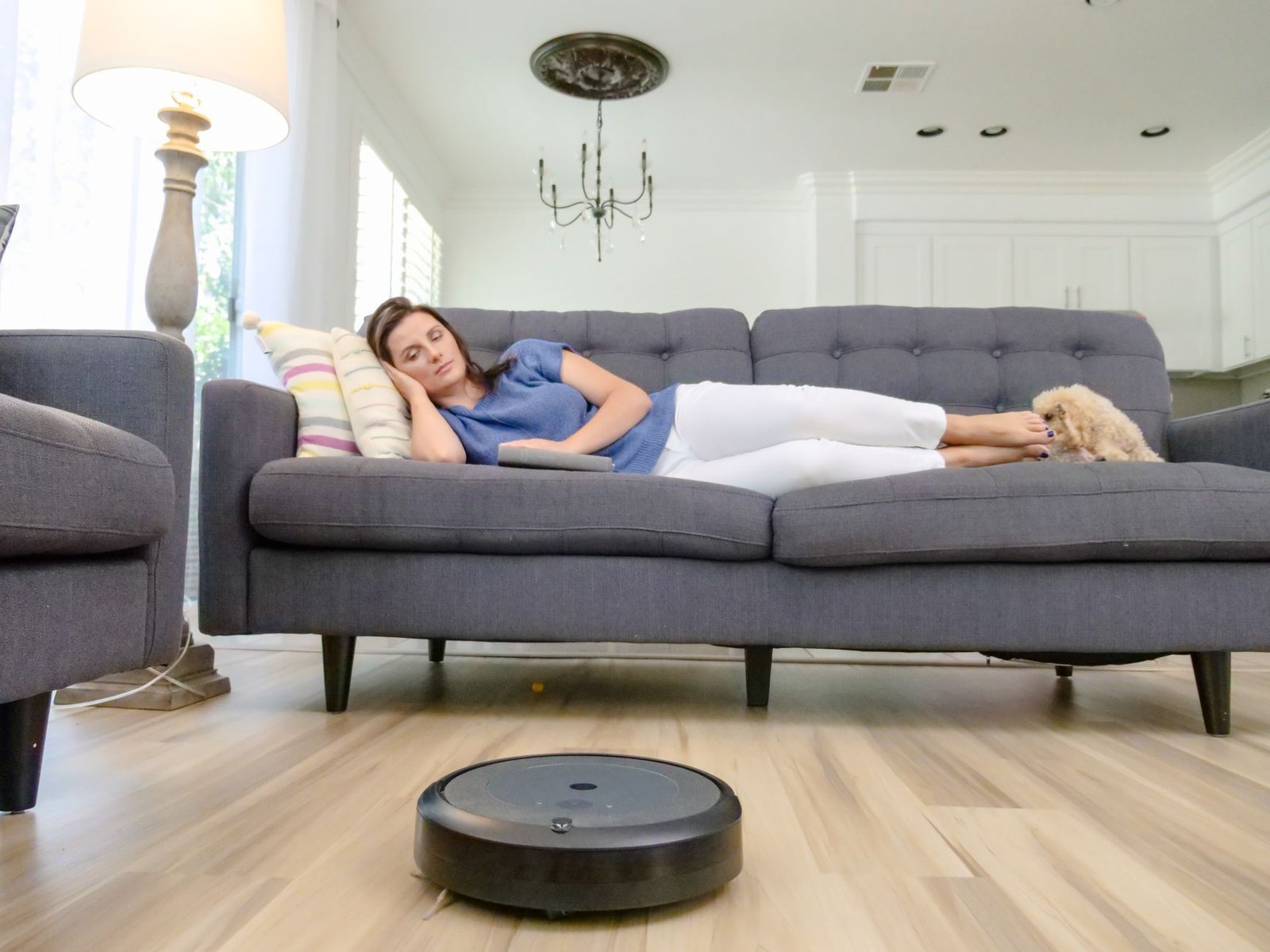 Robot vacuum cleaning a bright open-plan home with a pet resting nearby.